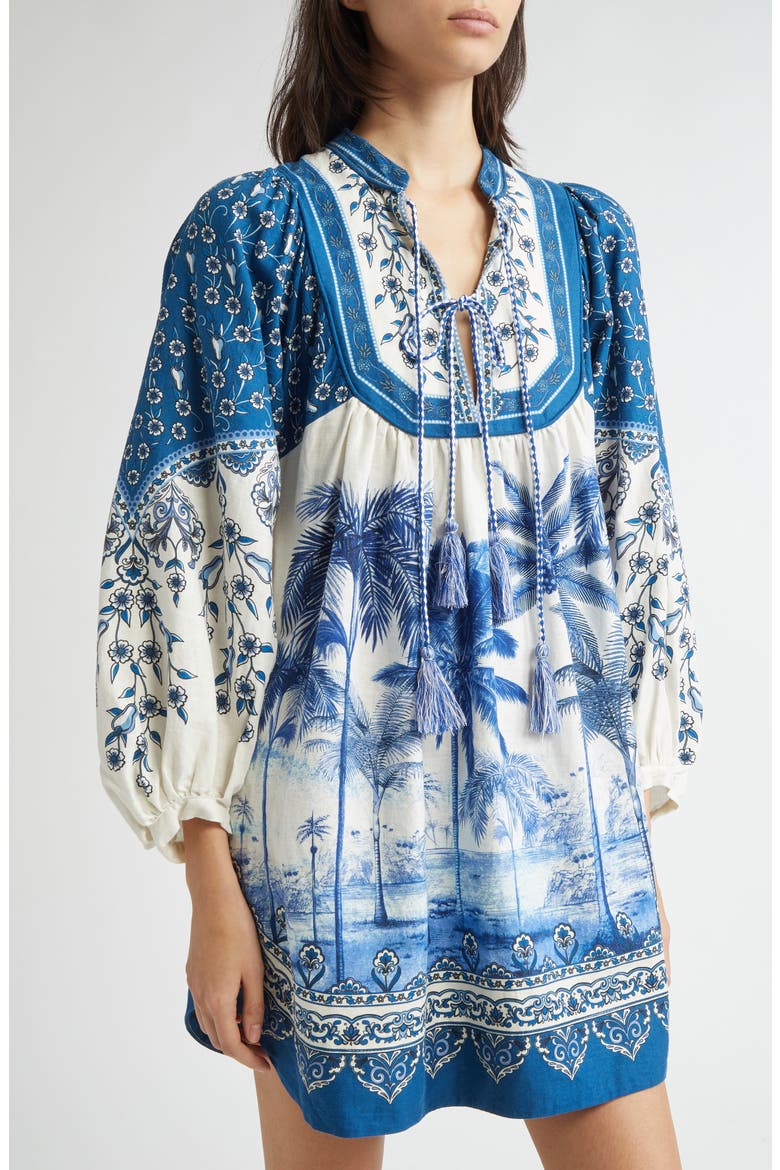 Palm Tree Print Linen Blend Tie Front Dress, Alternate, color, OFF-WHITE