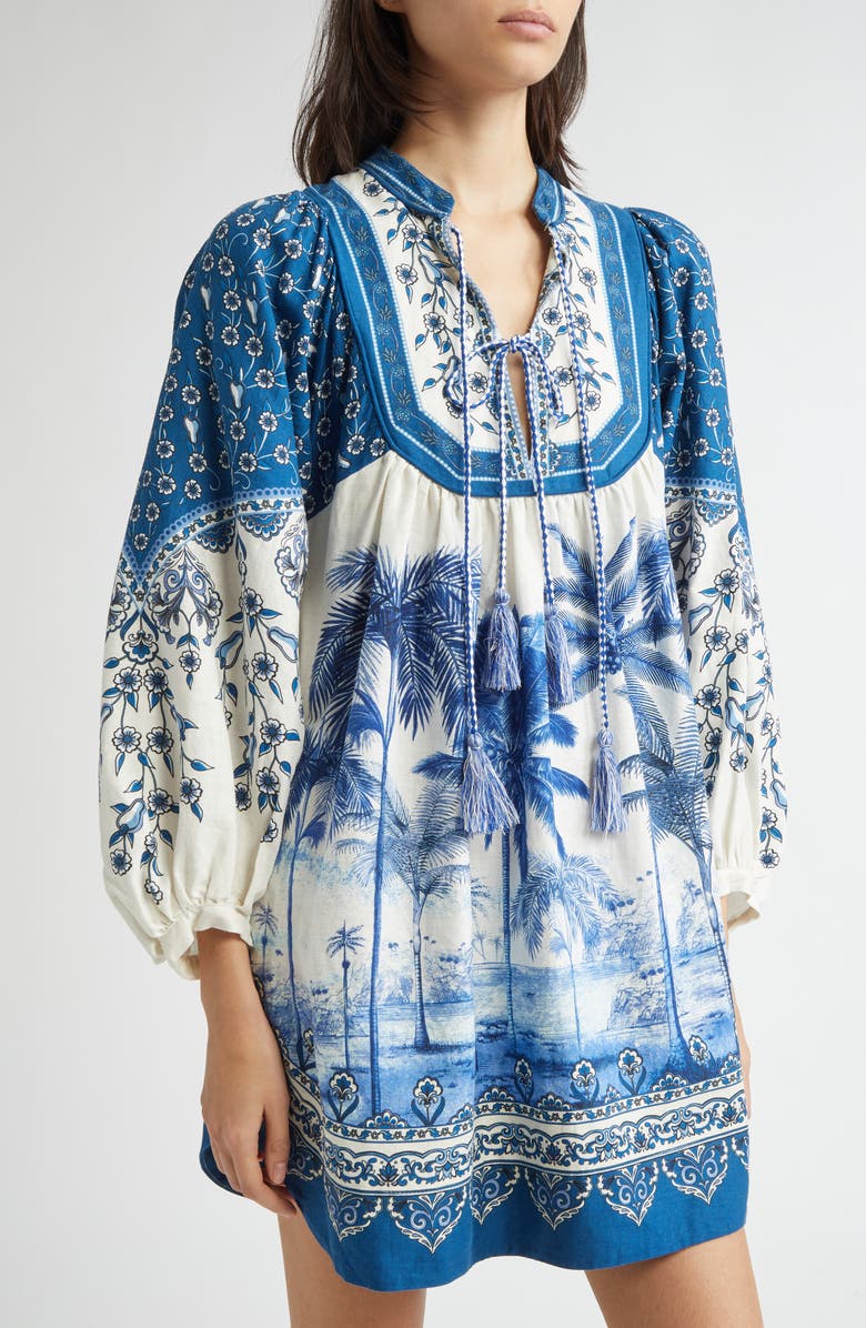 FARM Rio Palm Tree Print Linen Blend Tie Front Dress, Alternate, color, Off-White