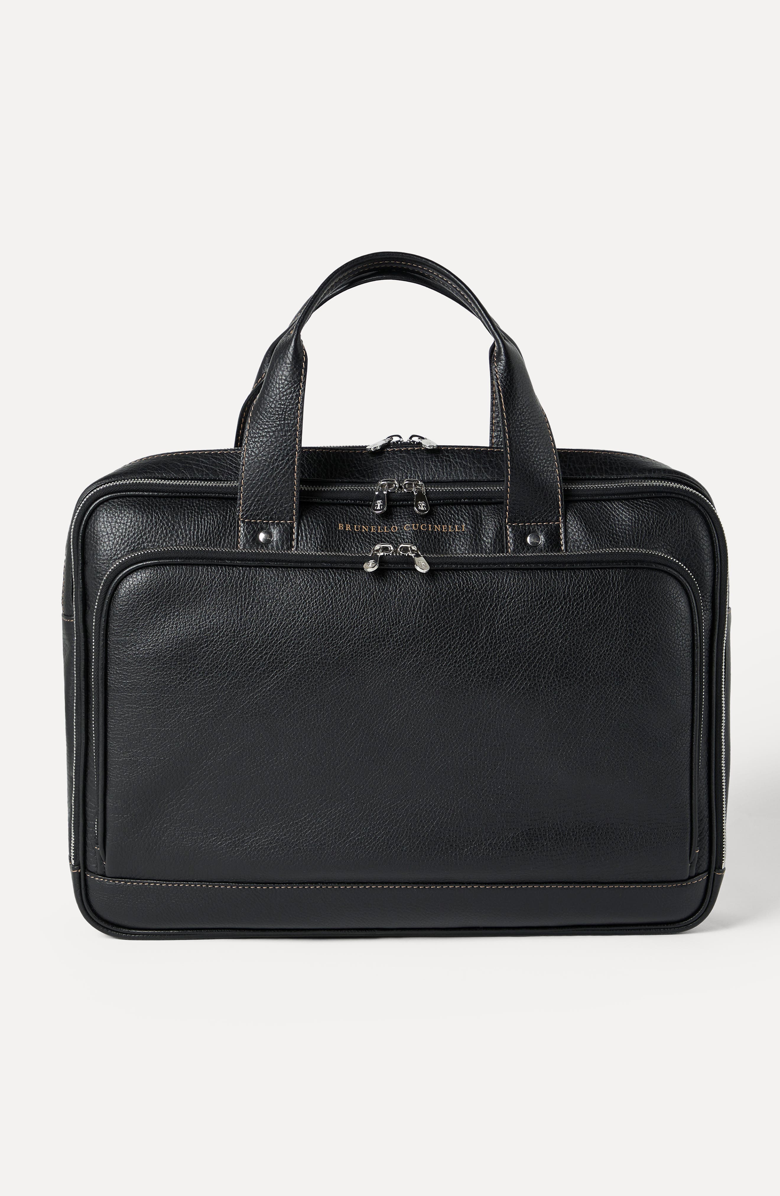 Brunello Cucinelli Grained calfskin briefcase with zipper, Alternate, color, Black