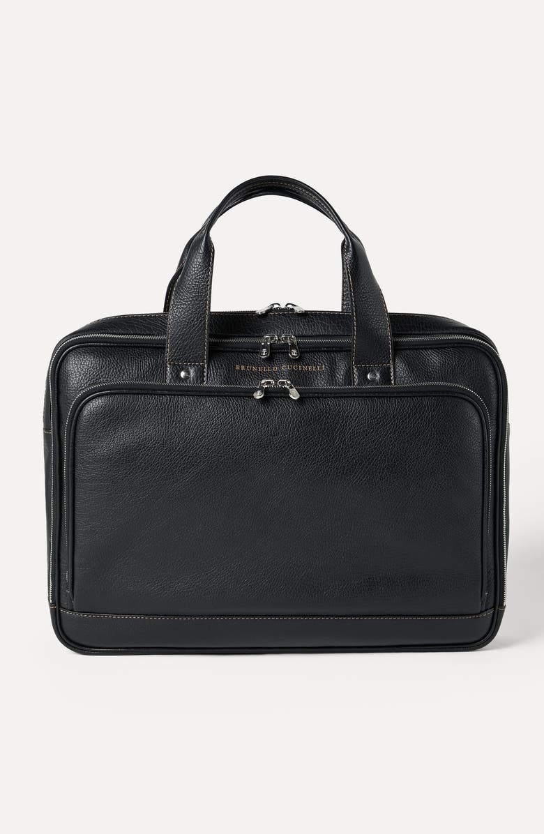 Brunello Cucinelli Grained calfskin briefcase with zipper, Alternate, color, Black