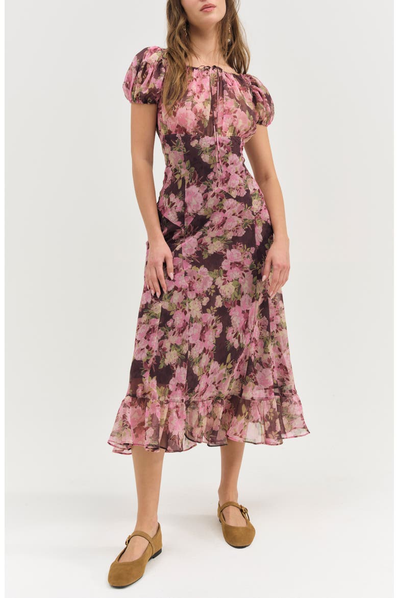 Adeline Floral Midi Dress, Main, color, BROWN