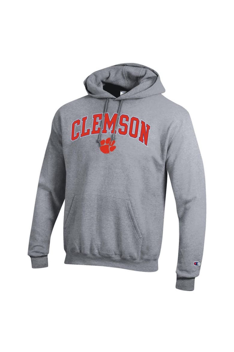Men's Champion  Heather Gray Clemson Tigers Arched Logo Fleece Pullover Hoodie, Alternate, color, Heather Gray