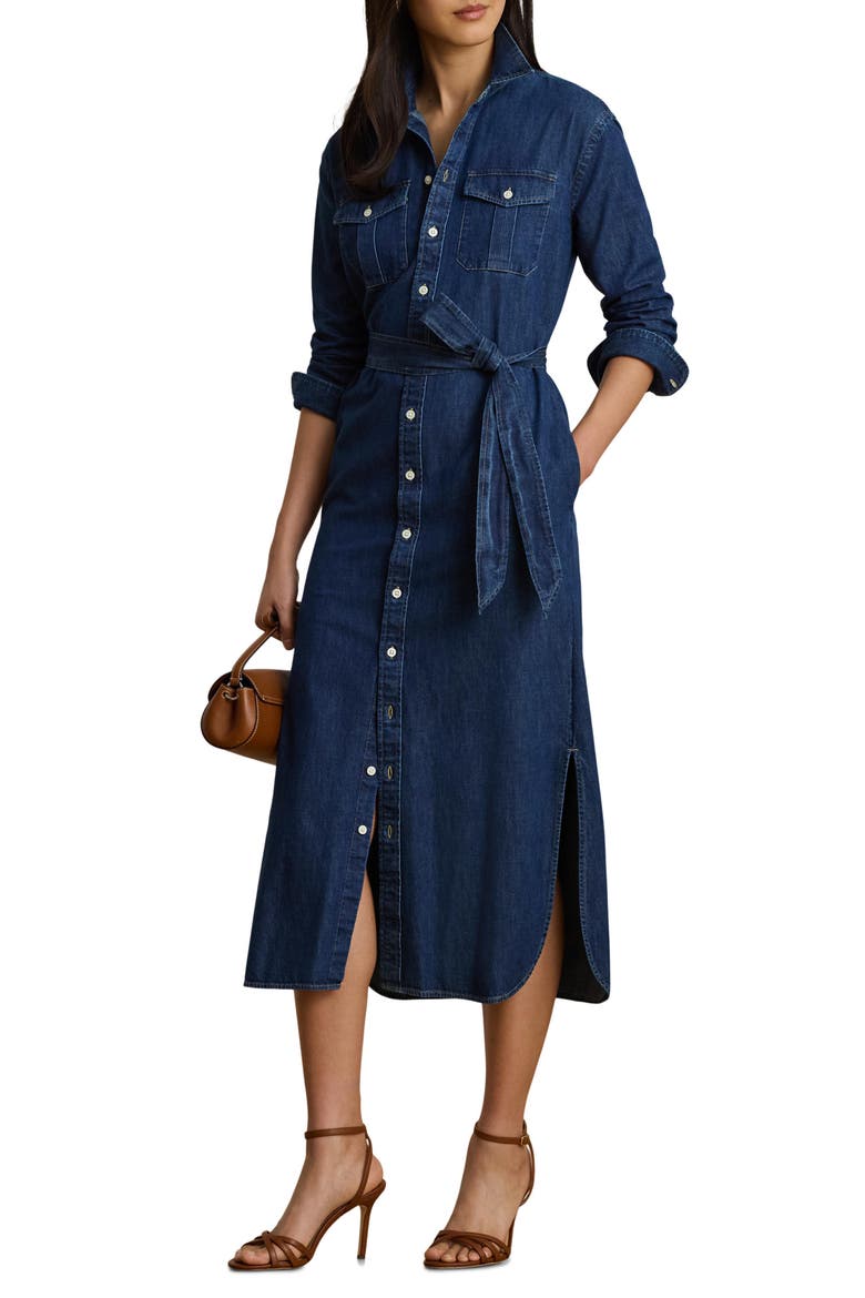Long Sleeve Belted Cotton Denim Midi Shirtdress, Main, color, HARVEST WASH BLUE