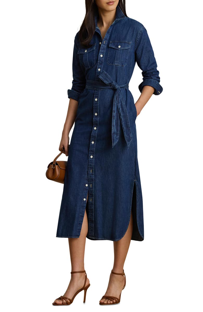 Lauren Ralph Lauren Long Sleeve Belted Cotton Denim Midi Shirtdress, Main, color, Harvest Wash Blue