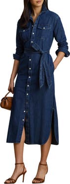 Lauren Ralph Lauren Long Sleeve Belted Cotton Denim Midi Shirtdress