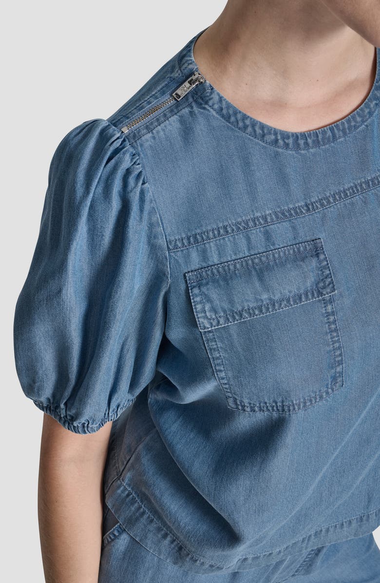 DKNY Zip Shoulder Denim Puff Sleeve Blouse, Alternate, color, Stream Wash