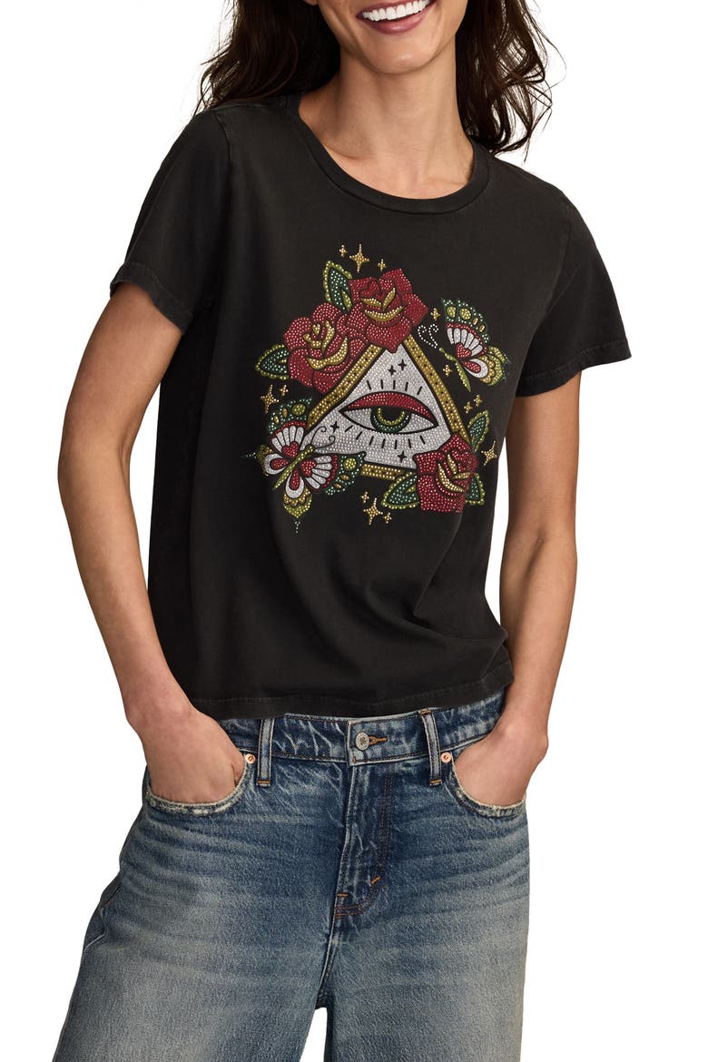 Tattoo Pyramid Eye Rhinestone Cotton Graphic T-Shirt, Main, color, JET BLACK