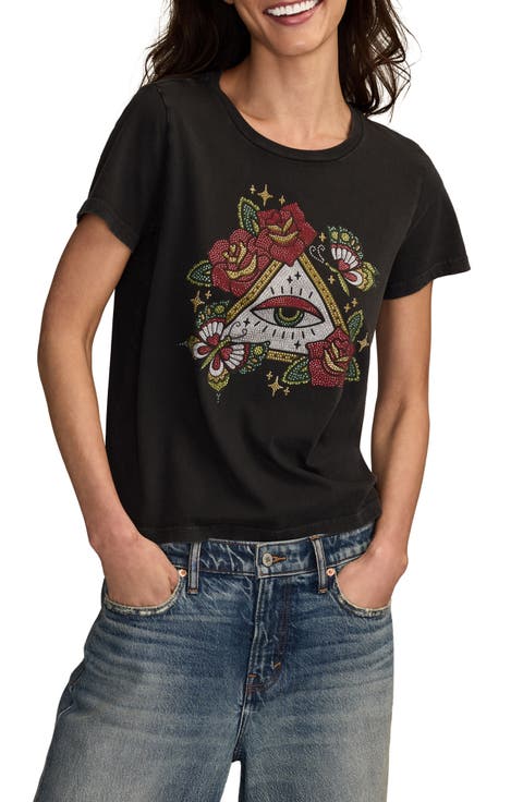 Tattoo Pyramid Eye Rhinestone Cotton Graphic T-Shirt