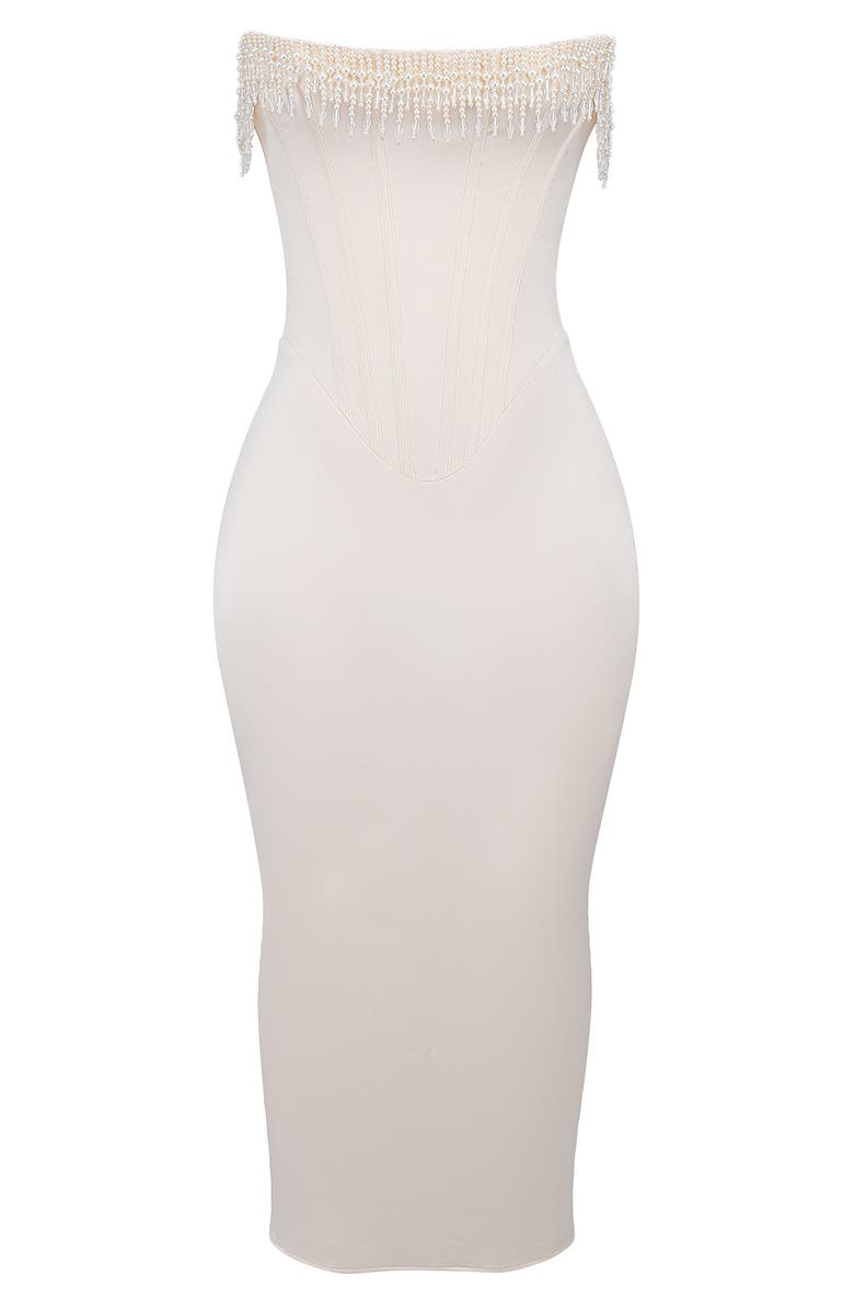 HOUSE OF CB Nalita Imitation Pearl Trim Strapless Midi Cocktail Dress, Alternate, color, 