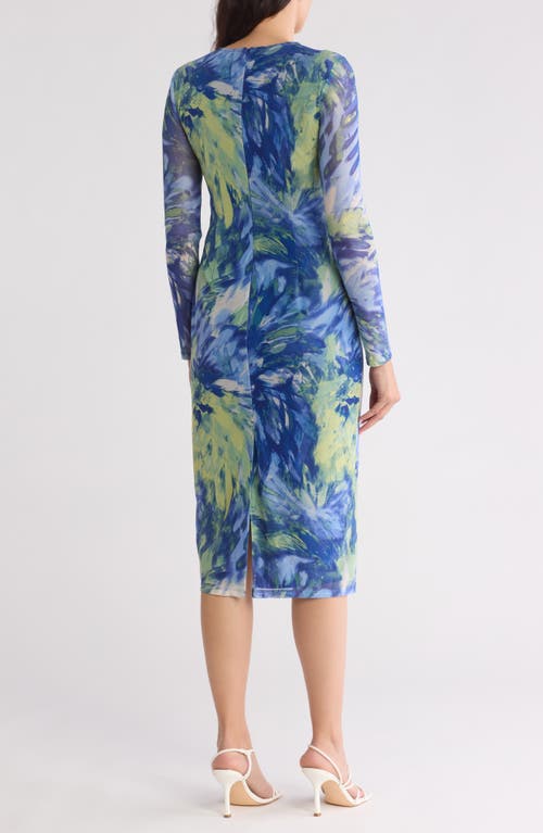 Vince Camuto Ruched Mesh Long Sleeve Dress In Blue Multi