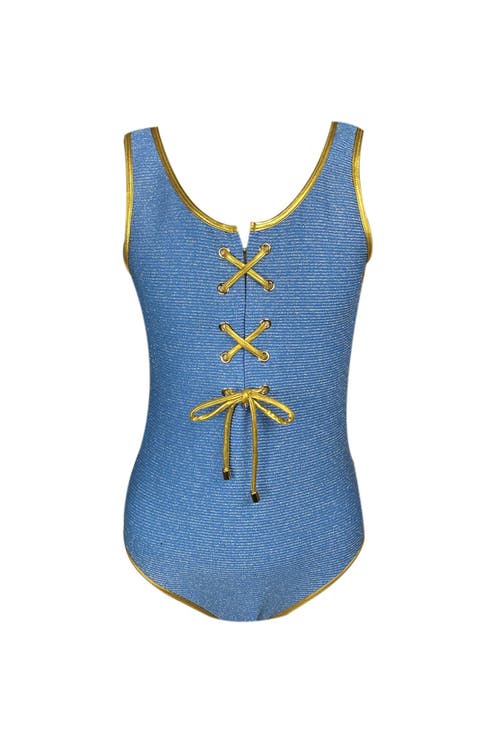 Kids' Casual Eyelet Detail Blue One-Piece Swimsuit