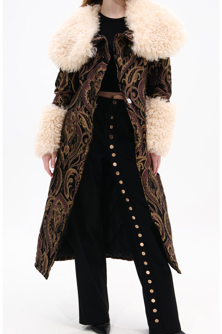 Otelia Jacquard Coat with Faux Fur Trim, Alternate, color, BLACK MULTI