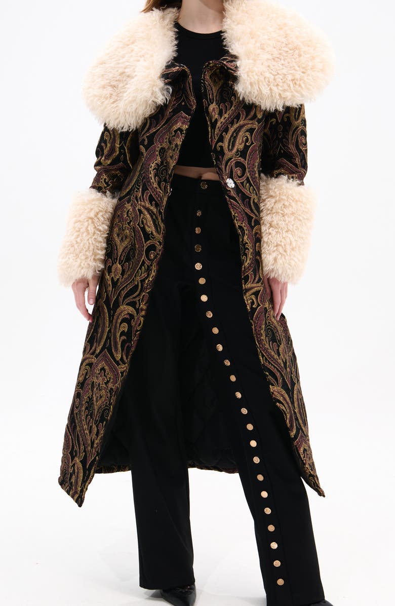 AZALEA WANG Otelia Jacquard Coat with Faux Fur Trim, Alternate, color, Black Multi