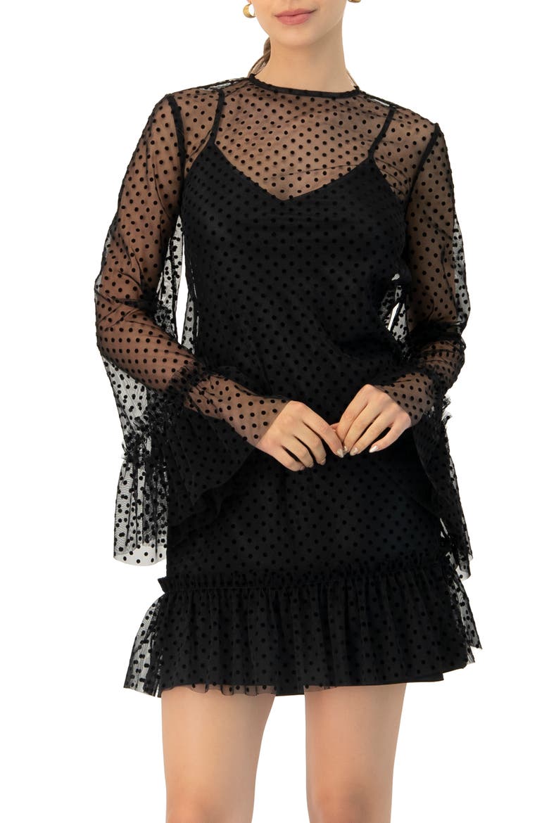 Flocked Polka Dot Short Dress with Wide Long Sleeves, Main, color, Black