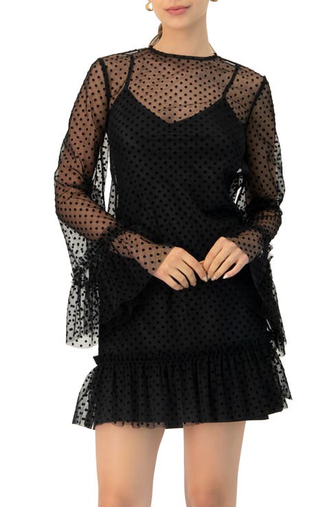 Flocked Polka Dot Short Dress with Wide Long Sleeves