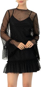 IVONNE Flocked Polka Dot Short Dress with Wide Long Sleeves