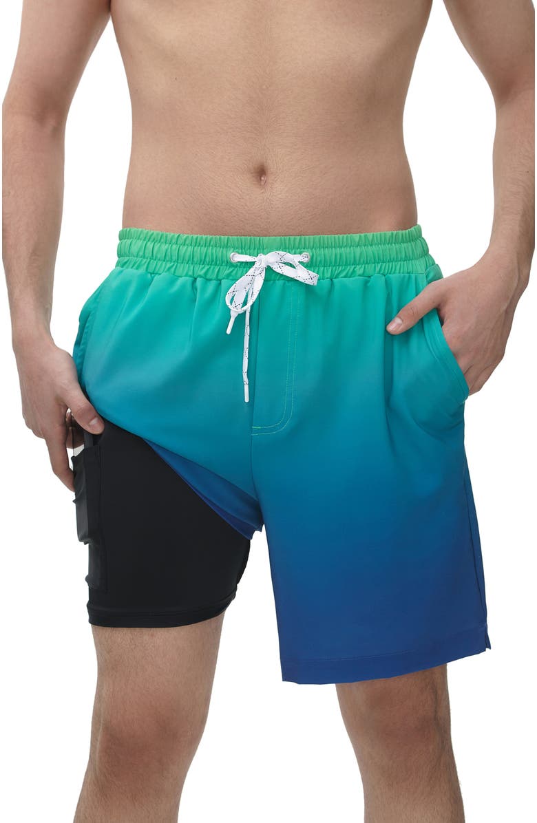 Rokka&Rolla Compression Liner Stretch Swim Trunks UPF 50+, Main, color, Emerald Bay