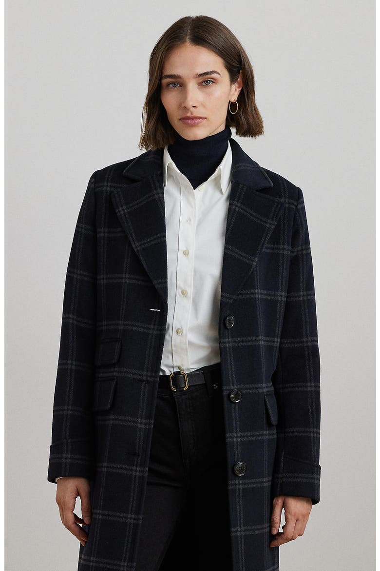Windowpane Plaid Longline Wool Blend Reefer Coat, Alternate, color, NAVY BLUE/ GREY WINDOWPANE