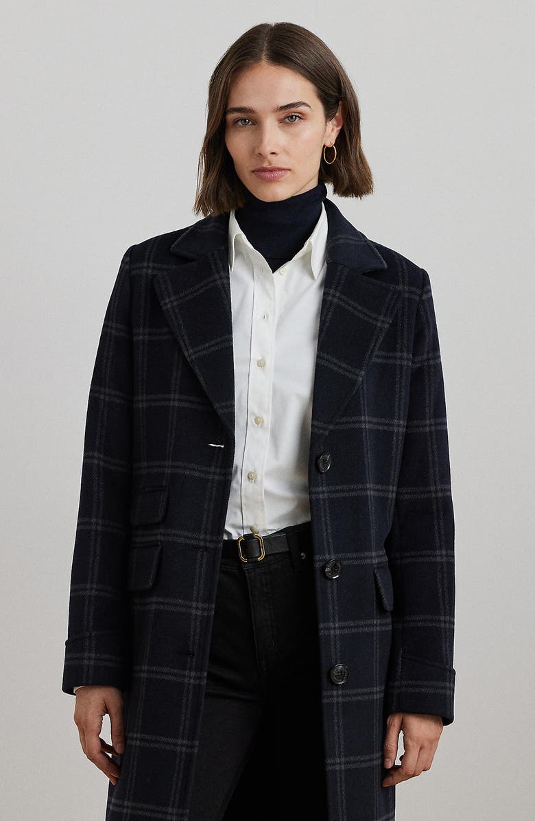 Lauren Ralph Lauren Windowpane Plaid Longline Wool Blend Reefer Coat, Alternate, color, 