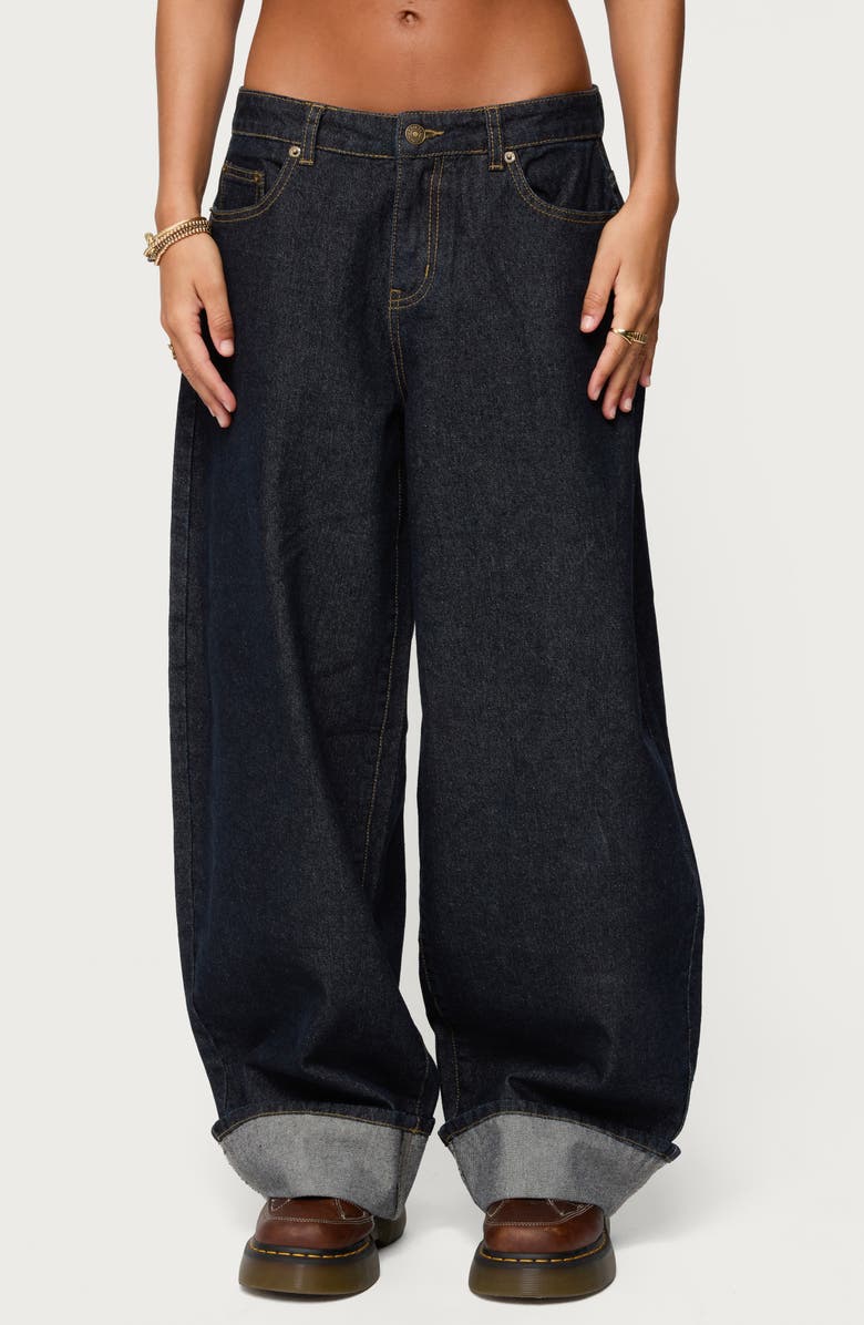 EDIKTED Kella Oversized Low Rise Cuffed Wide Leg Jeans, Main, color, Indigo-Blue-Raw-Wash