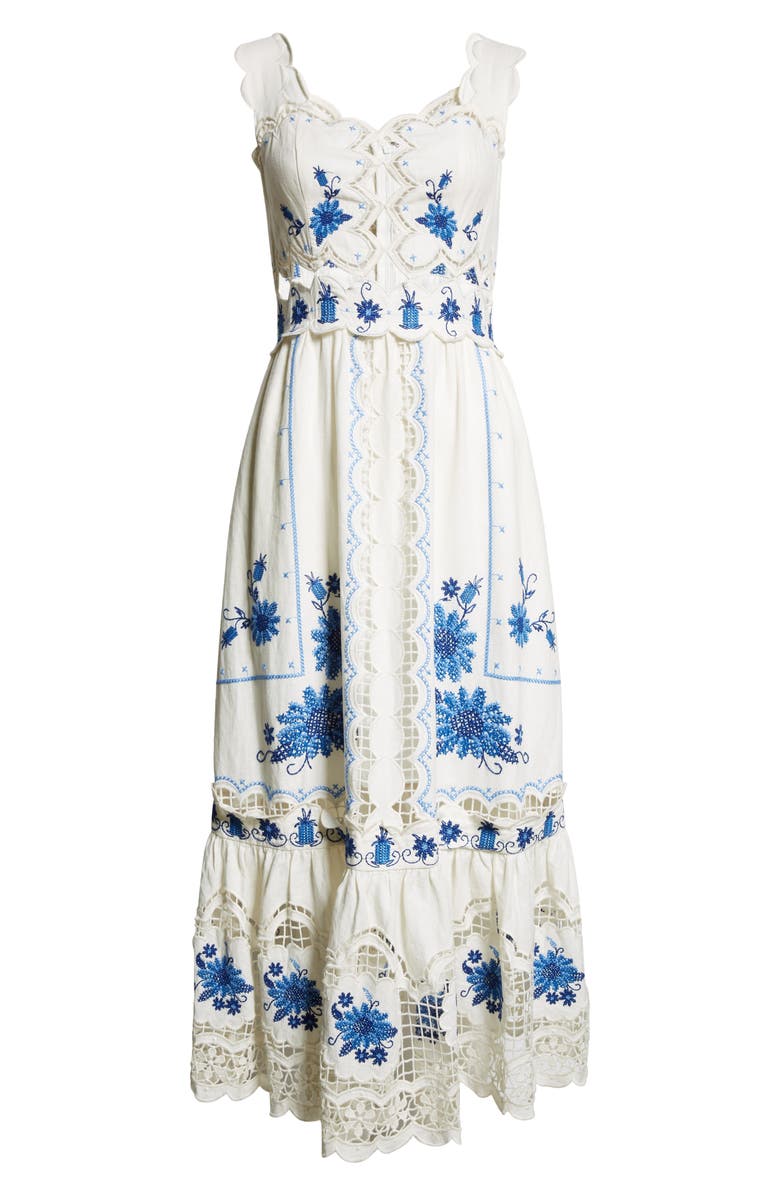 FARM Rio Richilieu Embroidered Linen Blend Midi Sundress, Alternate, color, Off-White