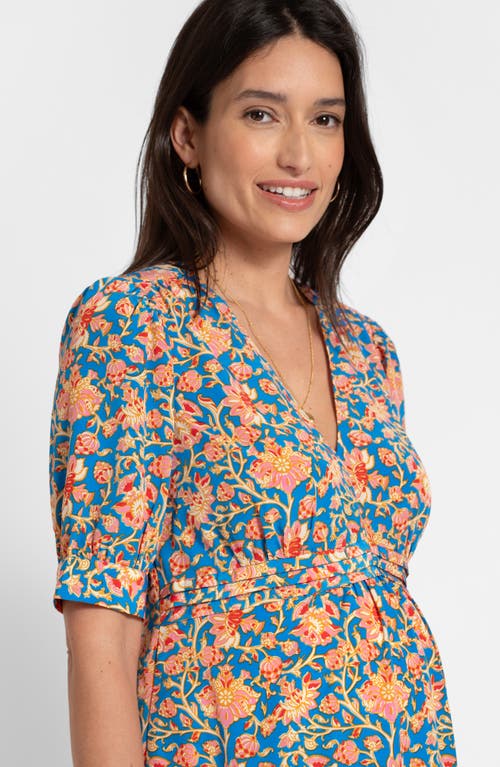 Seraphine Pleated A-line Midi Maternity Dress In Blue Multi