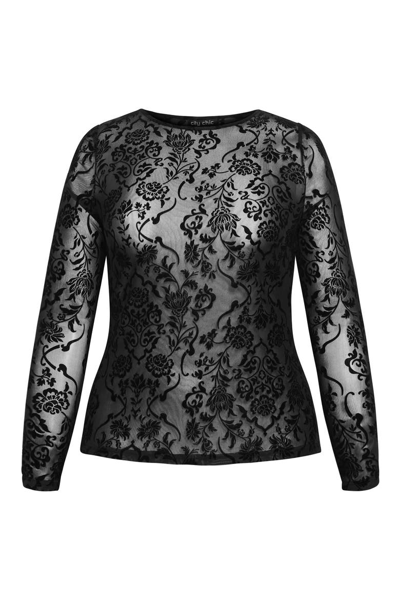 Sienna Velvet Floral Mesh Long Sleeve Top, Alternate, color, BLACK