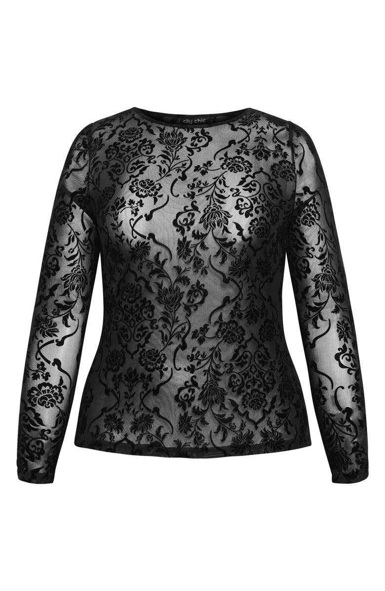 City Chic Sienna Velvet Floral Mesh Long Sleeve Top, Alternate, color, 
