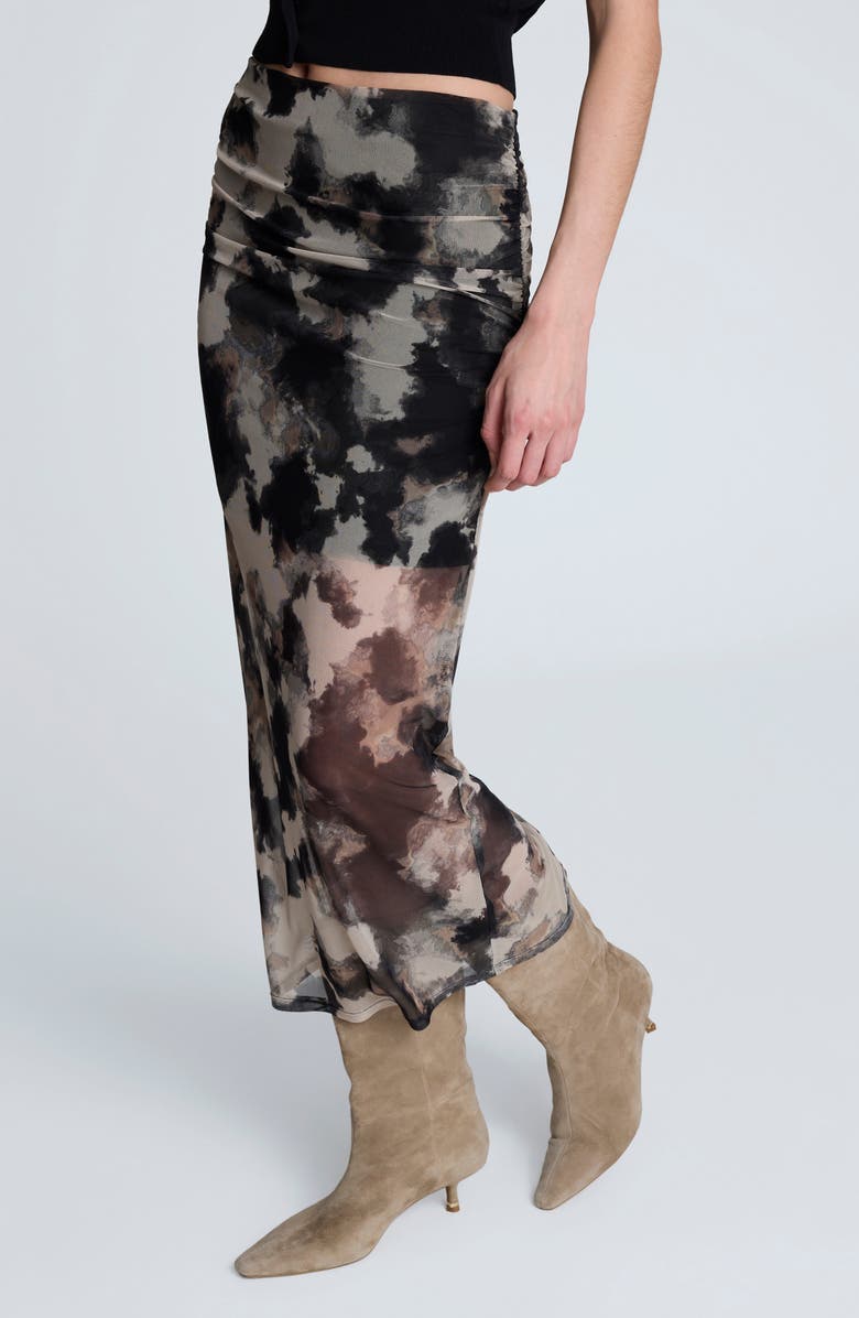 Kenneth Cole Ruched Mesh Midi Skirt, Alternate, color, Black Multi