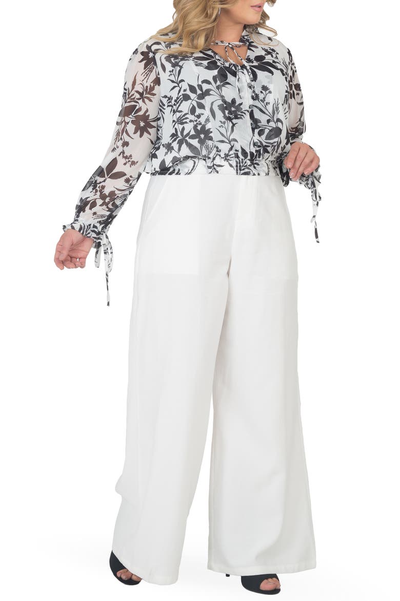 Standard & Practices Tie Neck Chiffon Top, Alternate, color, BLACK WHITE FLORAL