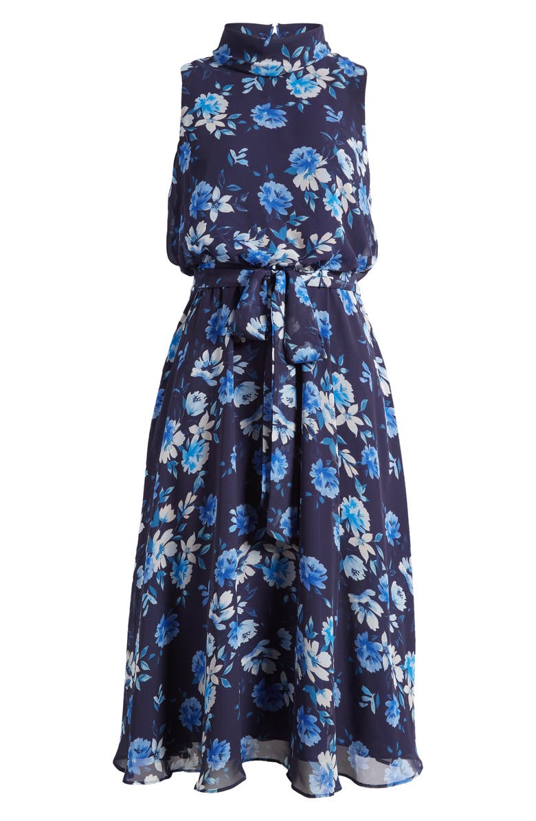 Eliza J Floral Tie Belt Chiffon Sleeveless Dress, Alternate, color, 