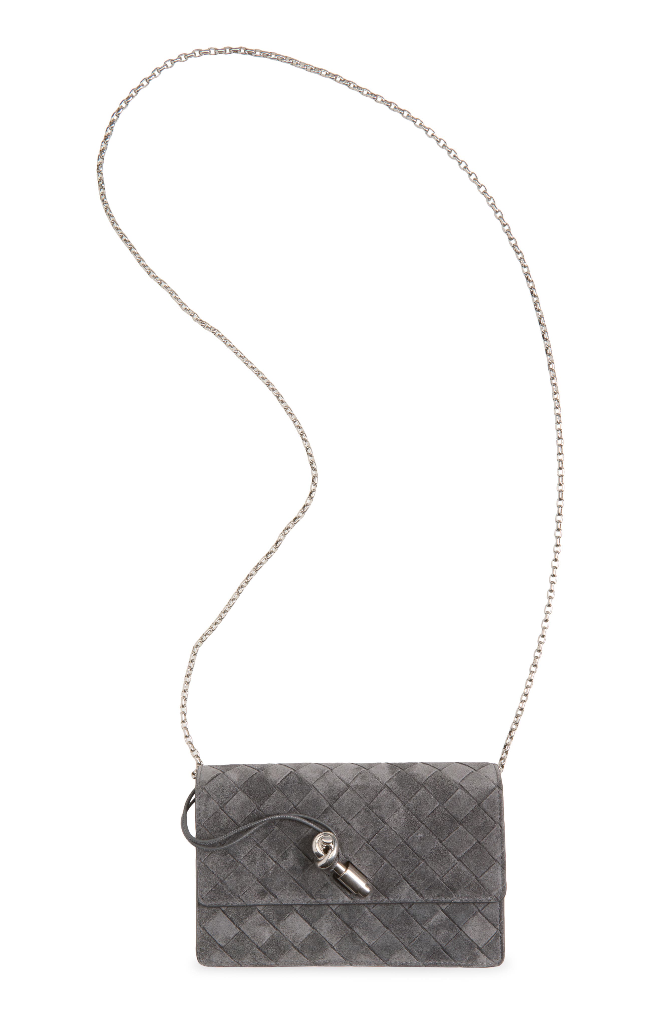 Andiamo Intrecciato Suede Wallet on a Chain, Main, color, 1689 OBSIDIAN GREY/ SILVER