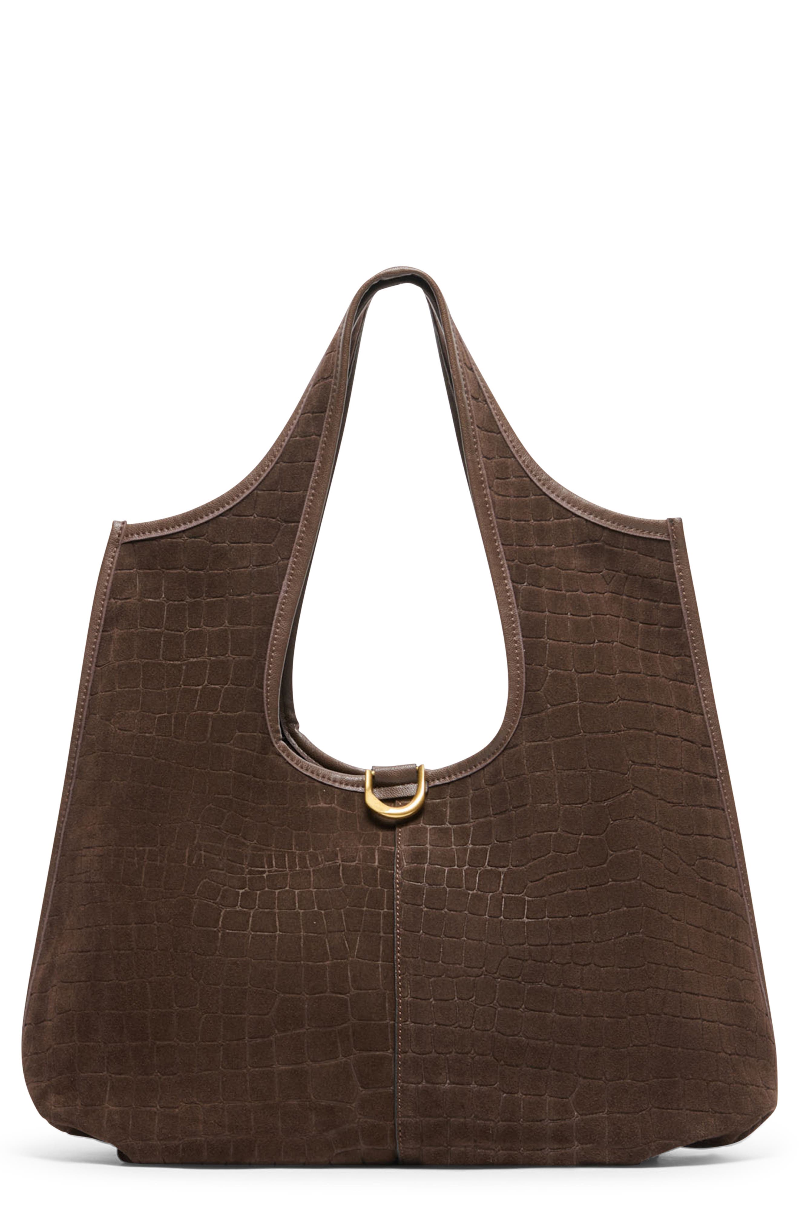 Pava Croc Embossed Suede Shoulder Bag, Main, color, MID BROWN