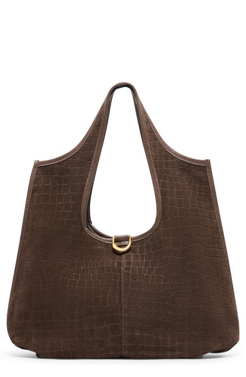 Pava Croc Embossed Suede Shoulder Bag
