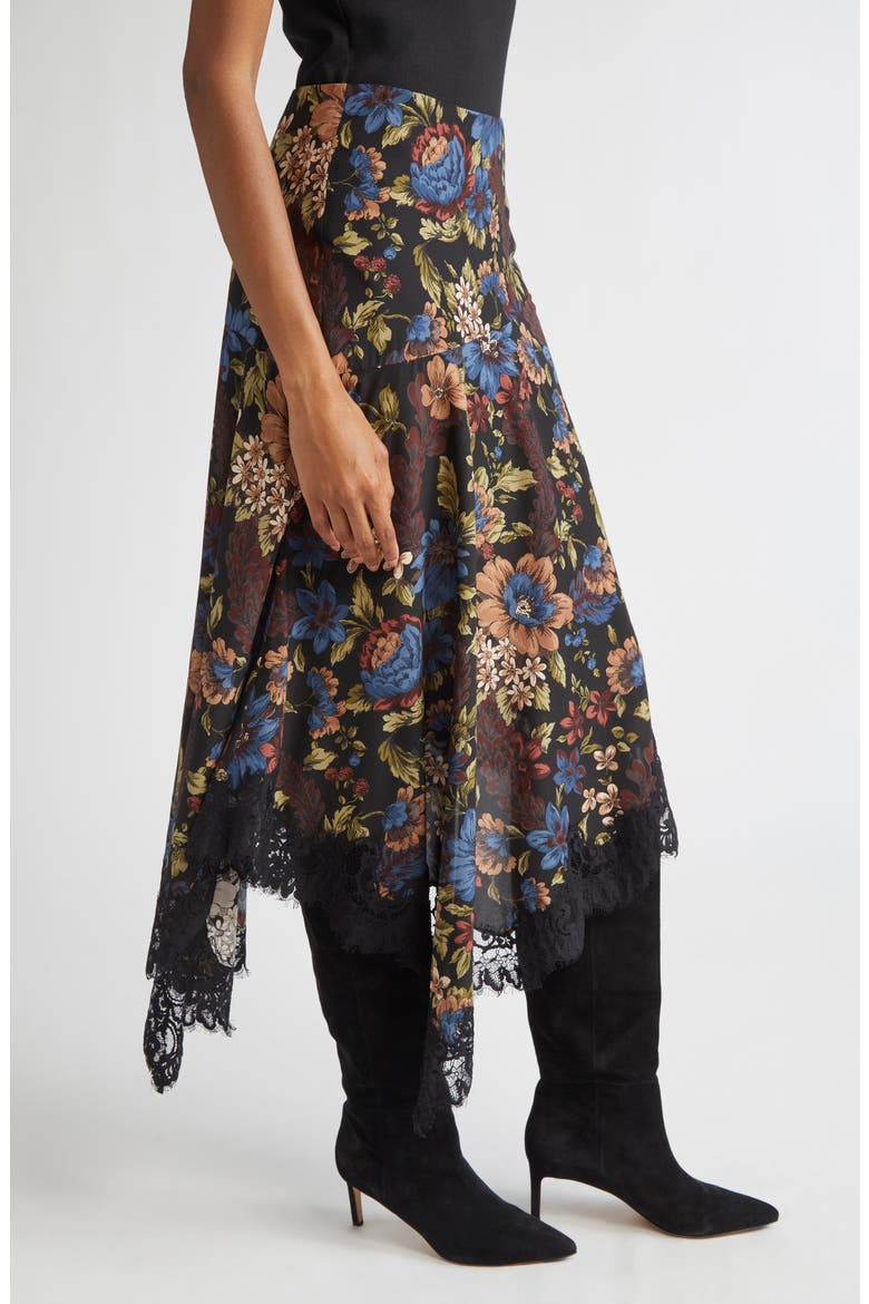 Rosemary Floral Asymmetric Hem Stretch Silk Skirt, Alternate, color, BLACK MULTI