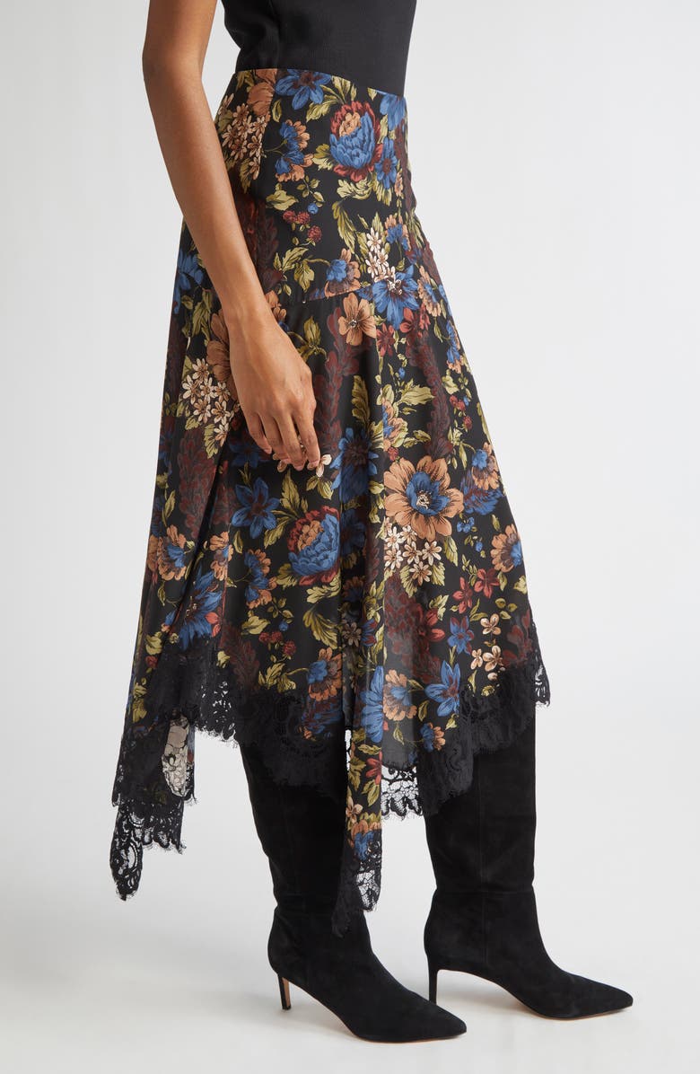 Veronica Beard Rosemary Floral Asymmetric Hem Stretch Silk Skirt, Alternate, color, Black Multi