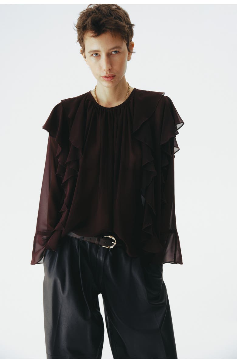 H&M Sheer Flounce-trimmed Blouse, Alternate, color, Dark Brown