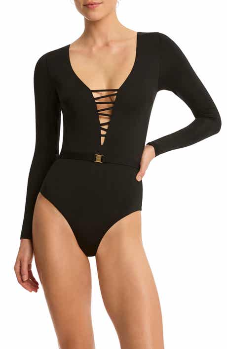 Sea Level Lattice Long Sleeve One-Piece Rashguard Swimsuit