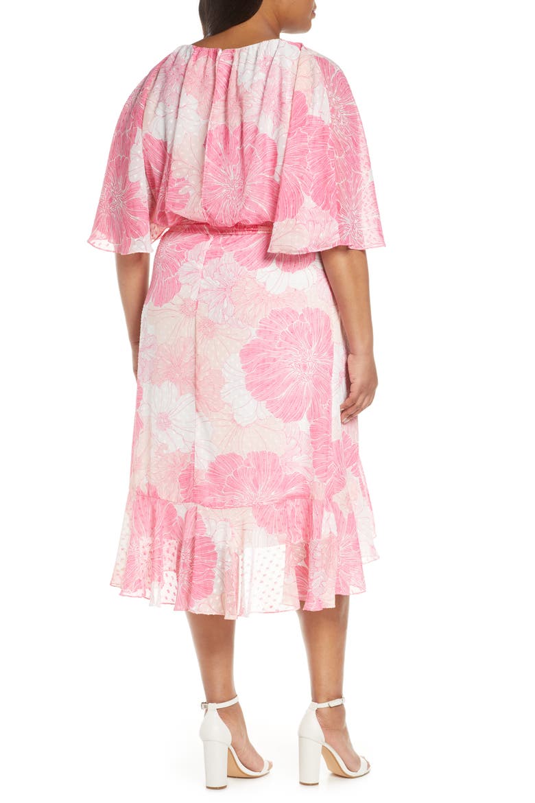 Floral Flutter Sleeve Clip Dot Chiffon Blouson Dress, Alternate, color, HOT PINK/ IVORY
