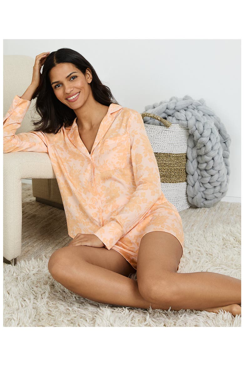 Plus Size Matte Satin 2 Piece Pajama Set - Long Sleeve Top and Shorts, Alternate, color, Orange Mist Romantic Floral