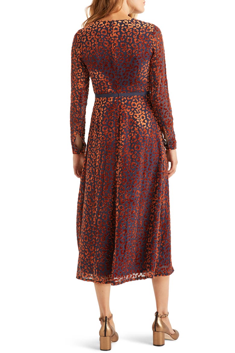 Marie Leopard Devoré Long Sleeve Midi Dress, Alternate, color, COPPER RED CHIC LEOPARD