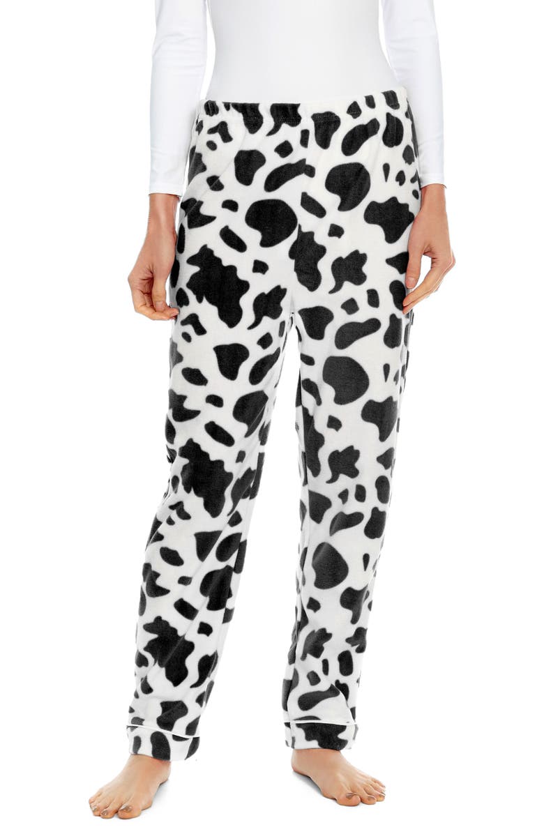 Leveret Women's Fleece Printed Holiday Pajama Pants, Main, color, Cow Black