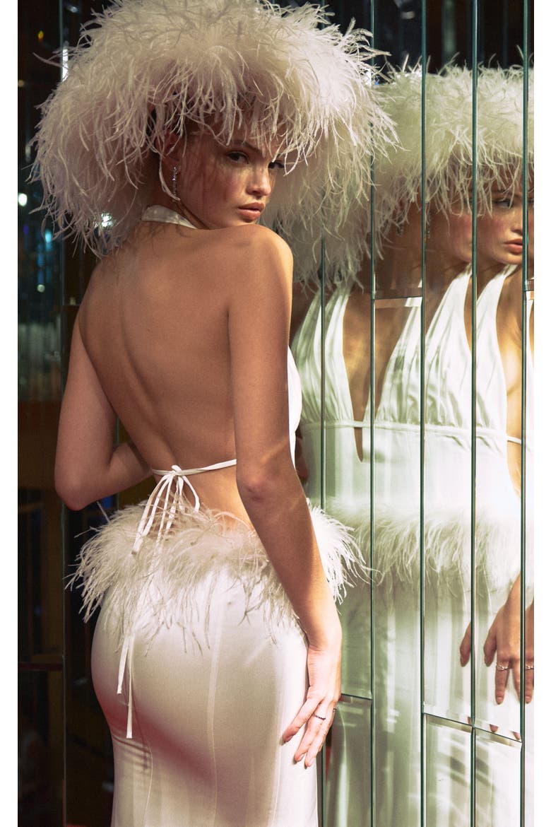 Solene Pleated Halter Backless Faux Feather Trim Maxi Dress, Alternate, color, White