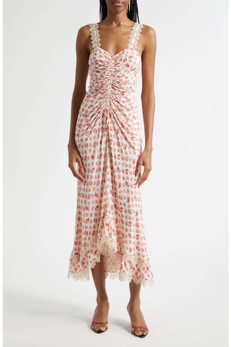 Stevie Ikat Roses Ruched Sleeveless Midi Dress, Main, color, GARDENIA MULTI