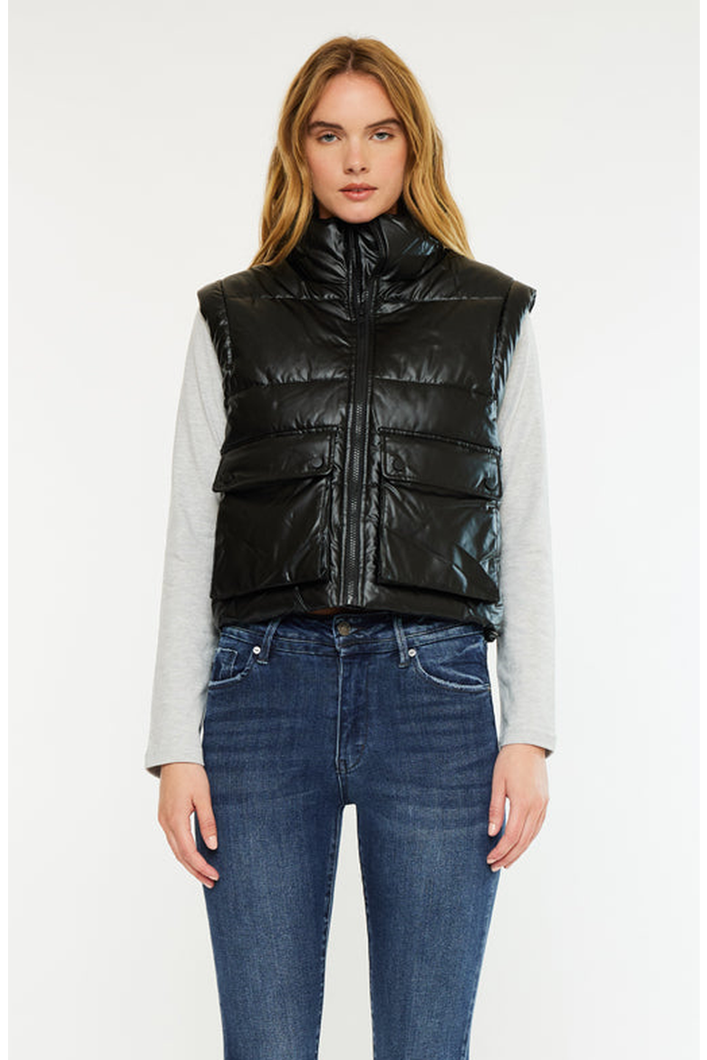 Obsidian Cropped Faux Leather Puffer Vest, Main, color, Black