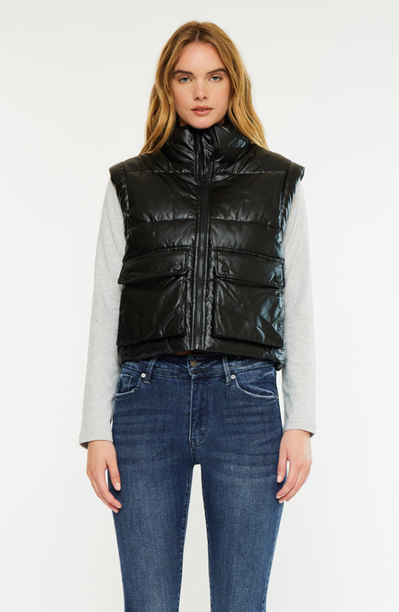 KanCan Obsidian Cropped Faux Leather Puffer Vest, Main, color, Black