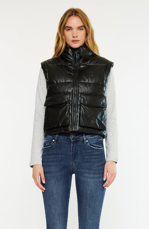 Kancan Obsidian Cropped Faux Leather Puffer Vest In Black