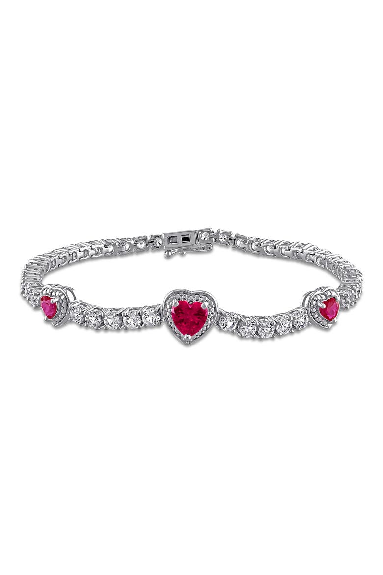Lab Grown Ruby & Lab Grown White Sapphire Heart Station Bracelet, Main, color, RED