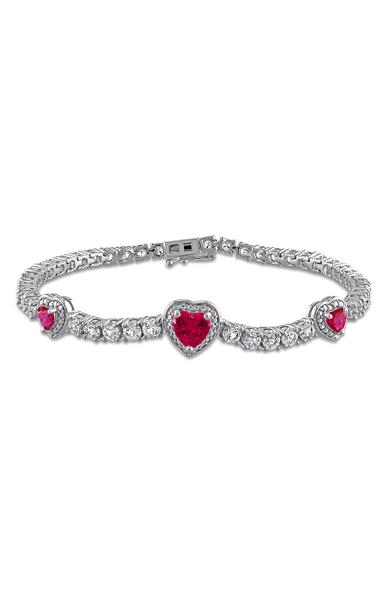 DELMAR Lab Grown Ruby & Lab Grown White Sapphire Heart Station Bracelet, Main, color, Red