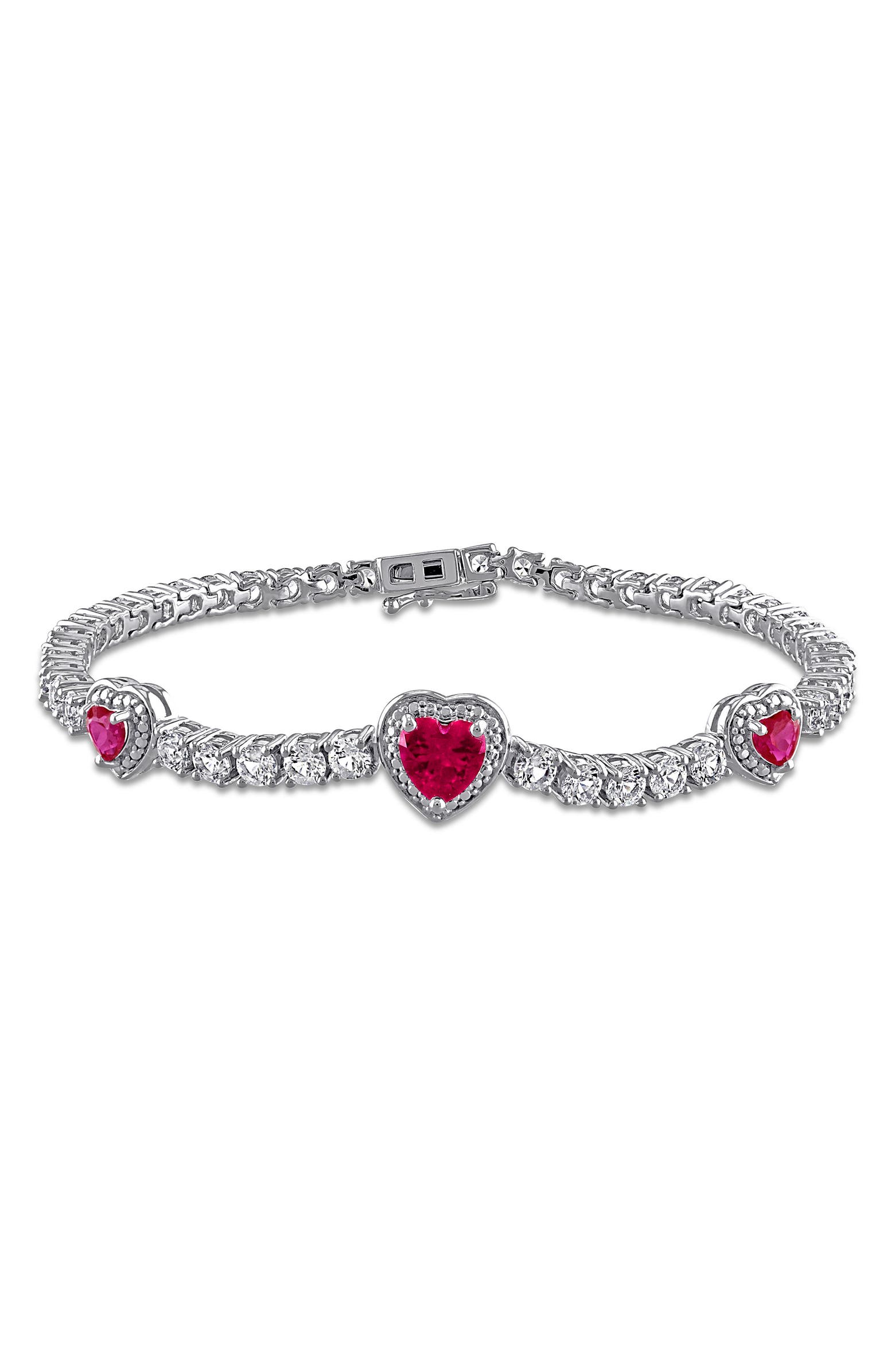 DELMAR Lab Grown Ruby & Lab Grown White Sapphire Heart Station Bracelet ...